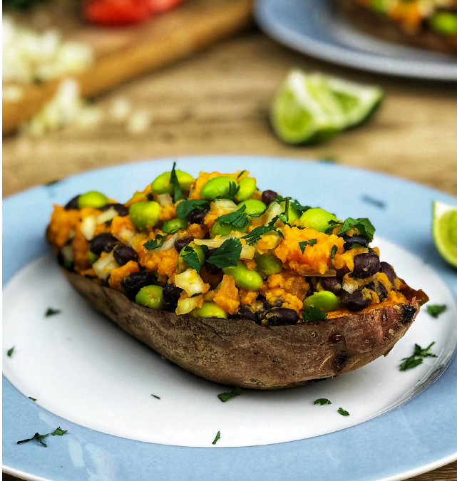 BLACK BEAN & EDAMAME BEANS STUFFED SWEET POTATO