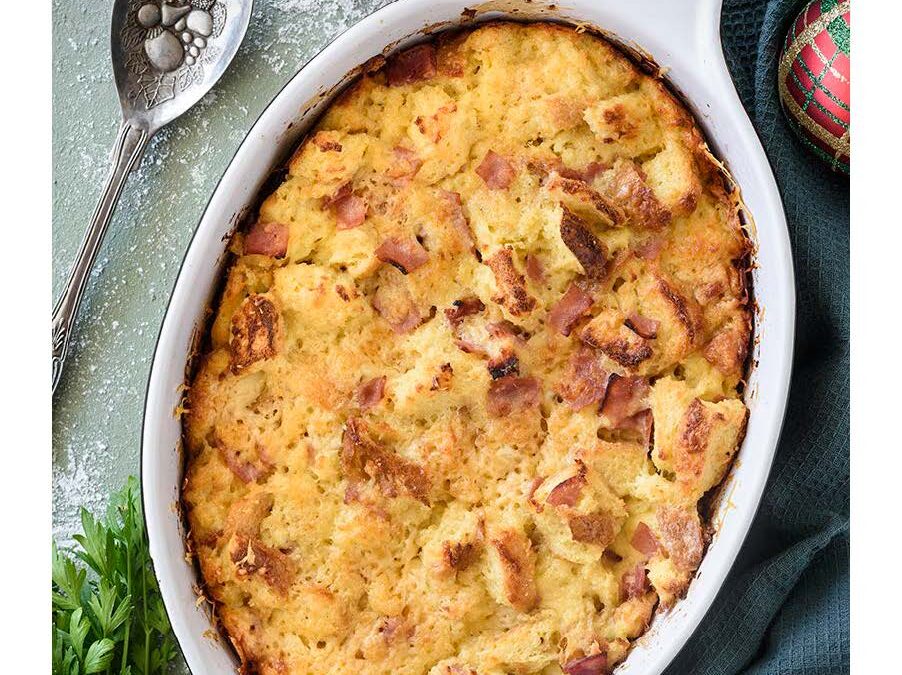 HAM AND CHEESE BREAD AND BUTTER PUDDING